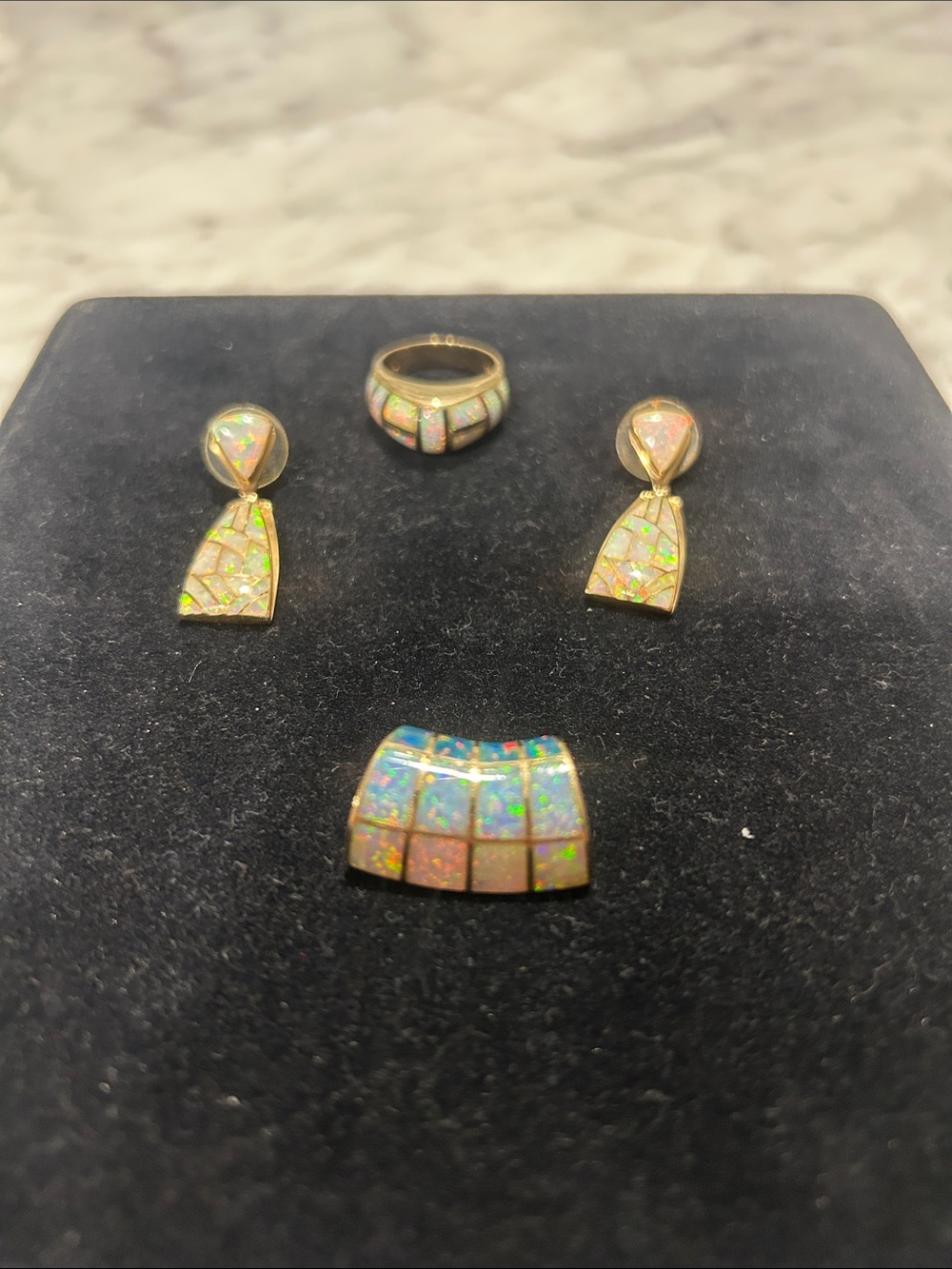 14K Gold Opal Mosaic Ring size 7, Drop Earrings and Pendant (Curved Slide) Set